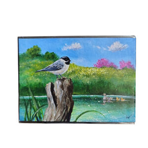 Aceo Original Painting chickadee at the pond Signed woodruff 2016